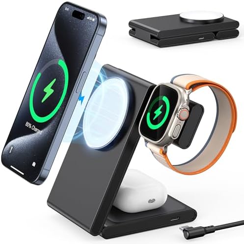 Ultimate 3-in-1 Wireless Charging Station: Fast-Fold Portable Mag Safe Charger for i Phone 12-16, Apple Watch Series 10/9/8/Ultra 2 & Air Pods 4 with 20 W Power Adapter – Effortless Travel and Enhanced Compatibility for Efficient Device Charging Ultimate 3-in-1 Wireless Charging Station: Fast-Fold Portable Mag Safe Charger for i Phone 12-16, Apple Watch Series 10/9/8/Ultra 2 & Air Pods 4 with 20 W Power Adapter – Effortless Travel and Enhanced Compatibility for Efficient Device Charging