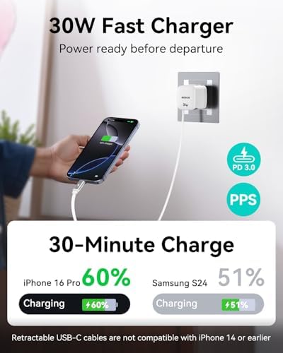 Ultimate 30 W Ga N Dual Port USB-C Travel Charger with Retractable Cable & Foldable Plug – Rapid Charging for i Phone 16 Pro Max, Pixel 9 Pro, Galaxy Devices & Mac Book – Compact Power Solution for On-the-Go Users – Effortless Portability & Efficient Charging Experience