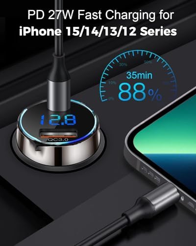Experience Effortless Fast Charging with the SUPERONE 45 W Dual USB-C Car Charger Adapter – High-Speed 27 W PD & 20 W QC3.0 Ports, Real-Time LED Voltmeter Monitoring, Compatible with i Phone 15/14/13 Series, Google Pixel 7/6/5, Samsung Galaxy S22/21 & More – Premium Copper Design for Ultimate Durability and Efficiency on the Go, Ensuring Safe and Reliable Power for All Your Devices While Driving.