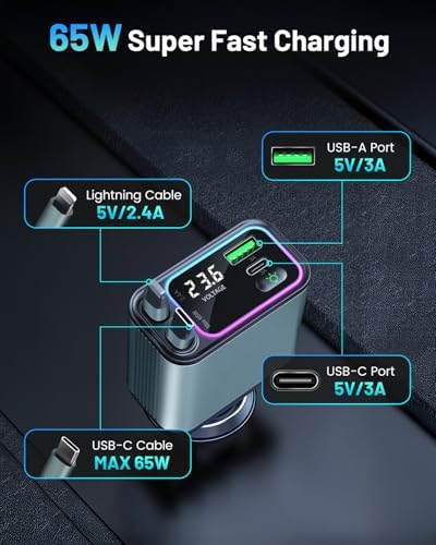 Versatile 4-in-1 Retractable Car Charger with RGB Lighting – 92 W Fast Charging USB-C Adapter for i Phone, Galaxy, and Pixel – Compact & Stylish Car Phone Charger for Effortless Power Management – Essential Car Accessory for Tech-Savvy Drivers