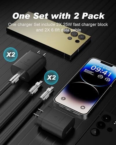 Dual Pack 45 W USB-C Charger Block with 3.3 FT Fast Charging Cables – Ultimate Universal Compatibility for i Phone 15/16 and Samsung Galaxy S24/S23/S22 Ultra/Note 20 – Rapid Power Delivery and Enhanced Portability for Home, Office, and Travel – Durable Charging Solution for All Devices