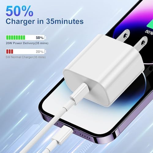 Lightning-Fast 20 W Apple Charger with MFi Certification – 6 ft USB-C to Lightning Cable Included for i Phone 14 Pro Max/14/13 Pro/12 Mini/12/11 & i Pad Air – Compact Power Block for Ultimate Portability and Rapid Charging Efficiency