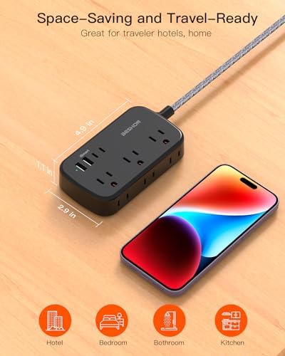 BESHON 5 FT Flat Plug Power Strip with 6 Outlets and 4 USB Ports – Ideal Travel Companion for Dorm Rooms and Cruise Ships, Space-Saving Design for Enhanced Accessibility and Fast Charging