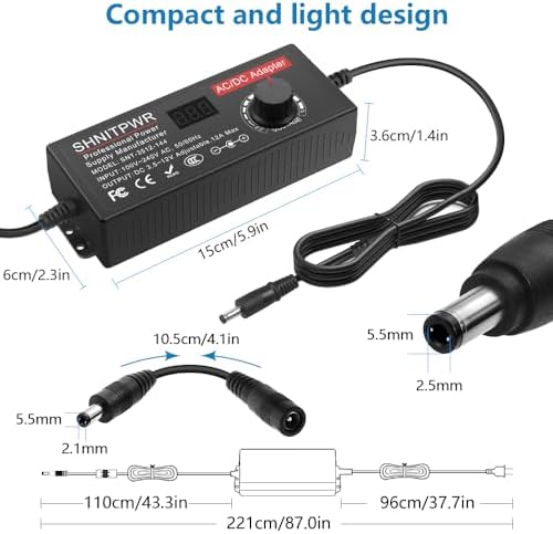 SHNITPWR 120 W Adjustable AC to DC Power Supply – 10 A Universal Voltage Adapter with 14 Interchangeable Tips for Enhanced Device Compatibility (4 V to 12 V) – Optimal Power Solution for Electronics, DIY Projects, and Gadgets