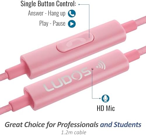 LUDOS Clamor Wired Earbuds – Premium Noise-Isolating In-Ear Headphones with Memory Foam Tips, Built-in Microphone, 5-Year Warranty – Perfect for i Phone and Samsung Users, Ideal for Students and Small Ears in Stylish Pink – Ultimate Sound Quality and Comfort for Everyday Use
