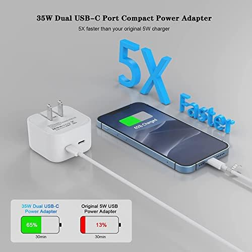 MFi Certified 35 W Dual USB-C Power Adapter for i Phone 13/14 – Compact Foldable Fast Charger with 2 x 6.6 FT USB-C to Lightning Cables for Rapid Charging and Enhanced Compatibility – Ideal Travel Solution for Apple Devices
