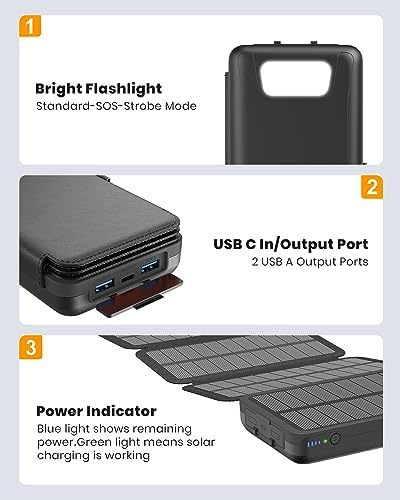 Hiluckey 27000 m Ah Solar Power Bank – 22.5 W Fast Charging Portable Charger with 4 High-Efficiency Solar Panels, USB-C PD & 3 USB Outputs for Outdoor Adventures and Travel, Ultimate Device Compatibility and Reliability
