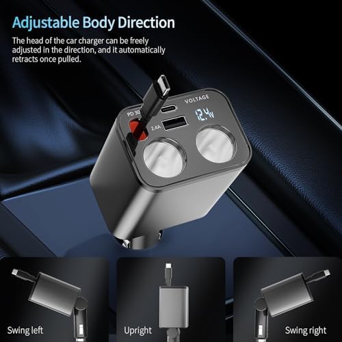 Paiholy Advanced 5-in-1 Retractable Car Charger with Dual USB Ports and Dual Cigarette Lighter Outlets – 159 W Fast Charging Solution for i Phone and All Car Electronics – Clutter-Free Design for Ultimate Travel Convenience