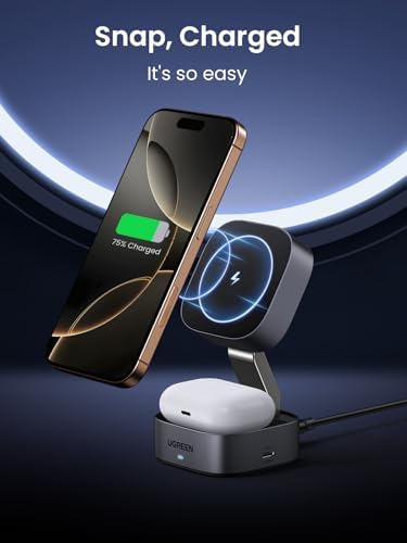 UGREEN Mag Flow 2-in-1 Magnetic Foldable Charging Station – High-Speed Wireless Charger for i Phone 16, 15, 14, 13, 12 & Air Pods 3, 2 Pro – Portable & Tangle-Free Design for Effortless Connectivity and Enhanced Charging Efficiency