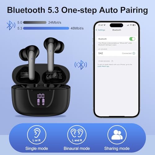 Premium Bluetooth 5.3 Wireless Earbuds – IPX7 Waterproof In-Ear Headphones with Built-in Microphone for i Phone 15/16 & Samsung Galaxy Devices – Superior Noise Cancellation, Ergonomic Design, and LED Battery Indicator for Ultimate Listening Experience and Connectivity