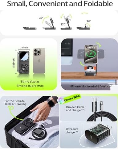 Lisen 3-in-1 Bedside Charging Station: Magnetic Wireless Charger for i Phone 16 & 15 Pro Max, 15 W Travel Adapter for Apple Watch & Air Pods – Sleek, Compact Design for Enhanced Convenience and Compatibility