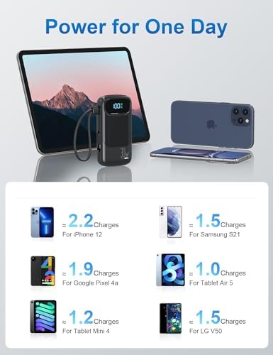 Compact 10,000 m Ah Fast Charging Power Bank with Built-In USB-C Cable for i Phone 16/15, Mac Book, Galaxy, and i Pad – Ultimate Travel Battery Pack for On-the-Go Charging Needs