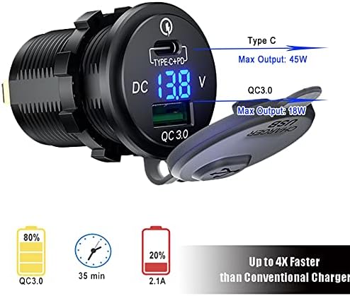 Ultimate Gem Coo 63 W USB C Car Charger Socket with Integrated LED Voltmeter – Experience Rapid Charging with 45 W Power Delivery & 18 W Quick Charge 3.0 for Efficient Power Boost in Cars, RVs, Boats, Trucks, and Motorcycles – Compact, Durable 12 V USB Cigarette Lighter Adapter for All USB Devices
