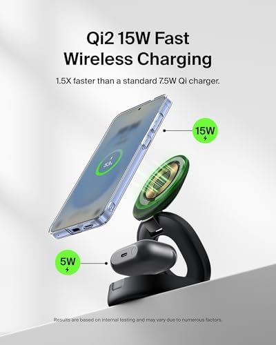 Elevate Your Charging Experience with the Belkin 2-in-1 Qi2 Wireless Charging Station – Fast 15 W Mag Safe Compatible Charger for i Phone 16, Apple Watch & Air Pods – Portable Phone Stand with 30 W Adapter – Sleek Black Design for Travel & Everyday Use – Ultimate Convenience & Speed