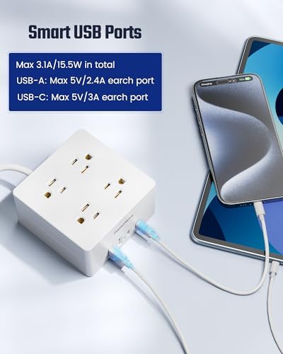 SUPERDANNY Portable USB Power Strip Surge Protector – Premium Desktop Extension Cord with 4 Spacious Outlets & 4 Advanced Smart USB Charging Ports for Home, Office, Hotel, Dorm, and RV Use – Elegant Faux Walnut Finish for Enhanced Aesthetics and Device Safety