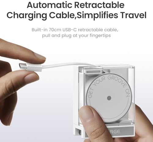 Portable 65 W Ga N Wall Charger with Retractable USB-C Cable | Fast Charging Solution for Mac Book Pro/Air, i Phone 16, Pixelbook & i Pad Pro | Dual-Device Power Delivery | Sleek & Compact Design for On-the-Go Charging