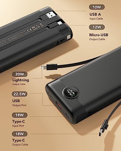 VEEKTOMX 10,000 m Ah Portable Power Bank with Integrated Charging Cables – Slim, Lightweight Fast Charger for i Phone, Samsung, and Android Devices – Essential Travel Companion with Intelligent Charging Technology for On-the-Go Convenience