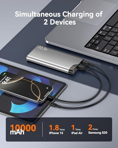 Kuulaa Dual 10000 m Ah Power Bank 22.5 W PD – Fast Charging Portable USB-C Charger with LED Display for i Phone 16/15/14 Pro/Plus & Samsung S24 Ultra – Slim, Airplane-Approved Metal Shell for Ultimate Travel Convenience and Enhanced Device Compatibility