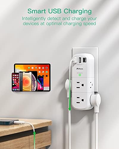 Mifaso 6-Outlet Surge Protector with 3 USB Fast Charging Ports – Rotating Plug Power Strip for Home, Travel, and Dorm Room Use – 1800 Joules of Protection with 3-Sided Swivel Design for Maximum Accessibility and Device Compatibility