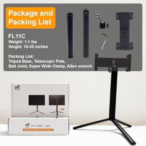 Versatile Travel Monitor Stand FL11 C: Adjustable Height Tablet Holder for 15.6-18.5 Inch Displays with Secure Clamp, Swivel/Tilt Features, and Compact Tripod Design for Enhanced Productivity on the Go