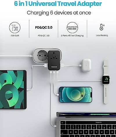 VINTAR Universal Travel Adapter 75 W Ga N Technology: Ultimate All-in-One Power Converter with 3 USB-C PD and 2 USB-A Quick Charge Ports for Global Use – Compact Power Solution for Laptops & Smartphones in 200+ Countries – Reliable Performance with Safety Features for Hassle-Free Charging