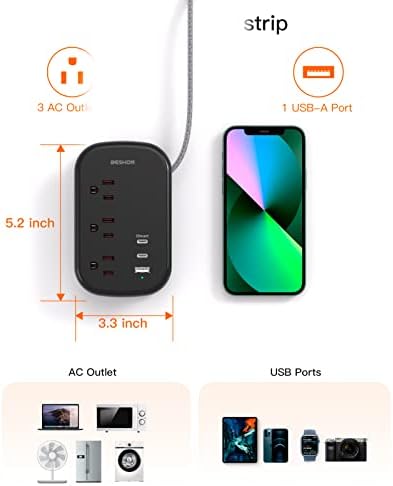 BESHON Ultra Flat USB C Travel Power Strip – Versatile 3 AC Outlets & 3 USB Ports (2 USB-C) with 3.2 ft Tangle-Free Extension Cord for Seamless Charging on Cruise Ships & Travel – Essential Compact Power Solution in Grey for On-the-Go Connectivity and Device Protection