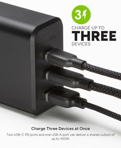 Mophie 100 W Ga N USB-C Power Adapter – Triple-Device Fast Charger for Mac Book, i Pad, i Phone, Samsung Galaxy, Google Pixel & More – Includes 1.5 m USB-C Cable – Eco-Friendly Design for Sustainable Charging on the Go