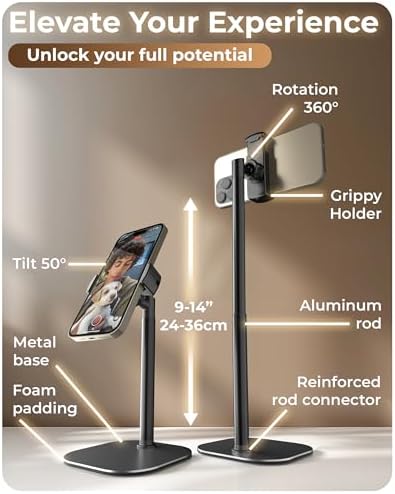 Cooper ChatStand Adjustable Cell Phone Stand for Desk & Video Recording, Rotating Cell Phone Holder for Desk for All iPhone, Samsung, Android, 9-14″ Face-Level Metal Desktop Tripod (Frost White) – Enhanced Compatibility and Speed