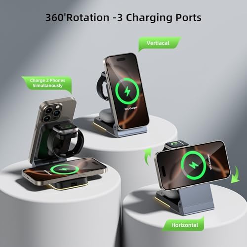 Premium Aluminum 3-in-1 Foldable Wireless Charger Station – Fast Magnetic Charging Dock for i Phone 16/15/14/13/12, Apple Watch & Air Pods with Touch Night Light – Portable Travel Charger with 20 W PD Adapter & Waterproof Case – Ideal Gift for Home, Office & On-the-Go Use