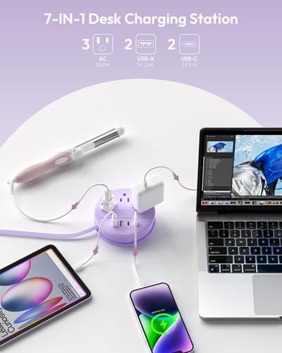 Stylish NTONPOWER Purple Extension Cord with 3 AC Outlets & 4 USB Ports (2 USB-C) – 4 FT Flat Power Strip for Kawaii Dorm & Office Decor – Compact, Versatile Charging Station for Modern Workspaces