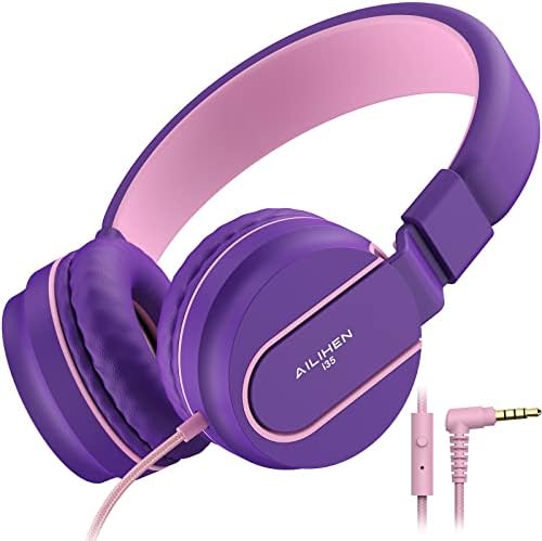 Stylish AILIHEN I35 Kids Foldable Headphones with Safe 93 d B Volume Limiting and HD Microphone – Perfectly Designed for Learning and Fun on Chromebooks, Laptops, and Tablets – Trendy Pink and Purple Color for Young Explorers and Students