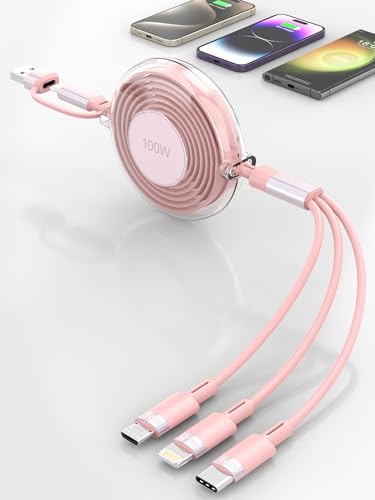 4 FT Retractable 3-in-1 Multi Charging Cable – 100 W USB-C Fast Charger for i Phone 14/15/13, i Pad, and Samsung Devices – Universal Compatibility for Travel & Daily Use – Durable, Tangle-Free Design for Efficient Charging Solutions