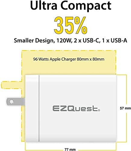 EZQuest 120 W Ga N USB-C Charger with 2 USB-C & 1 USB-A Ports – Travel-Ready Fast Charging Block with 2 Meter Cable – Compatible with Mac Book Pro, i Pad Pro & All Type-C Devices for Ultimate Power Efficiency