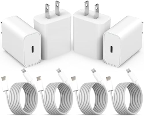 Ultra-Fast 20 W PD i Phone Charger Pack – MFi Certified USB-C Wall Charger Set with Four 6 FT Lightning Cables for i Phone 14, 13, 12, 11 Pro Max, XR, XS, X, i Pad & Air Pods Pro – Compact, Durable, and Versatile Charging Solution for Home and Travel