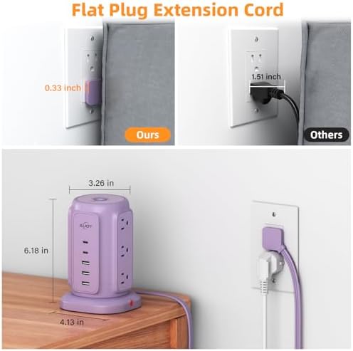 Maximize Your Power Potential with Ai Joy’s Space-Saving Flat Plug Power Strip Tower – 9 Outlets & 5 USB Ports (2 USB-C) for Rapid Charging, 1200 Joules Surge Protection, 6.5 Feet Extension Cord – Ideal for Home, Office, and Dorm Use – Durable, Efficient, and Compact Design for Uncluttered Charging Solutions