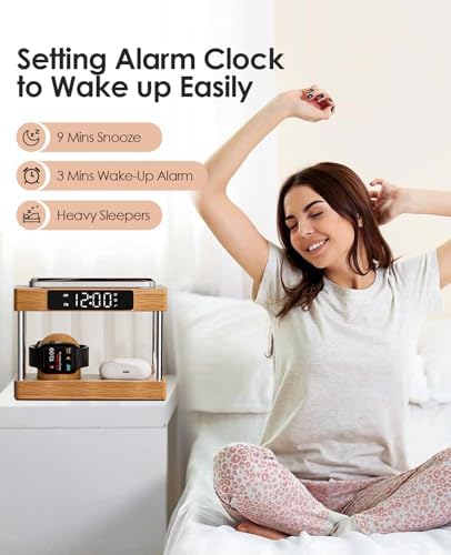 Eco-Friendly Bamboo Wireless Charging Station with Alarm Clock – Multi-Device Bedside Charger for i Phone, Air Pods & i Watch – Fast Charging & Adjustable Night Light – Perfect Gift for Him or Her