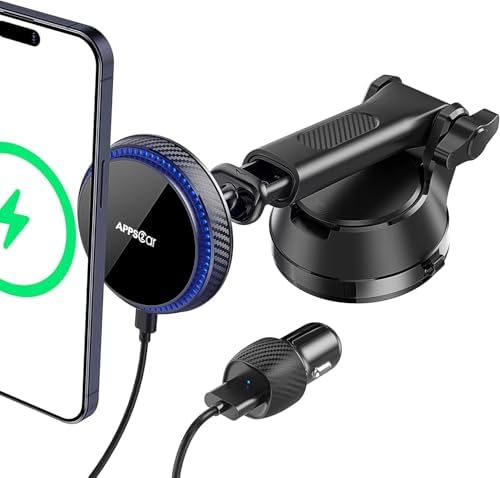 APPS2 15 W Magnetic Wireless Car Charger – Ultimate Dashboard, Windshield & Vent Mount for i Phone 16/15/14/13/12 Series | Fast Charging, Mag Safe Compatible, Adjustable Phone Holder for Enhanced Convenience and Safety on the Road