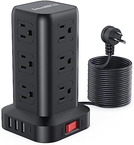 15 FT USB C Surge Protector Power Tower with 12 AC Outlets & 4 Rapid Charging USB Ports – Ultimate Overload Protection for Home and Travel Efficiency – Compact, Versatile Charging Solution for Modern Devices