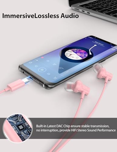 Stylish Pink USB C Earbuds for i Phone 16 Series – Ultra-Lightweight Noise-Isolating Headphones with Built-In Microphone – Perfect for Girls, Women, and Kids – Magnetic Type C Compatibility for i Pad Pro, Samsung, Google Devices – Travel-Friendly Earphones Delivering Exceptional Sound Quality and All-Day Comfort – Your Go-To Accessory for Effortless Connectivity and Vibrant Audio Experience