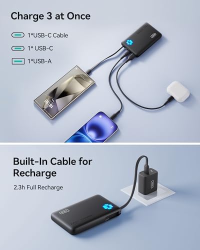 Ultimate INIU Slim 10000 m Ah Power Bank with Built-in USB-C Cable – 20 W Fast Charging for i Phone & Android, Compact Travel Essential for Students & Adventurers, Stylish Blue Design with Real-Time Power Indicator