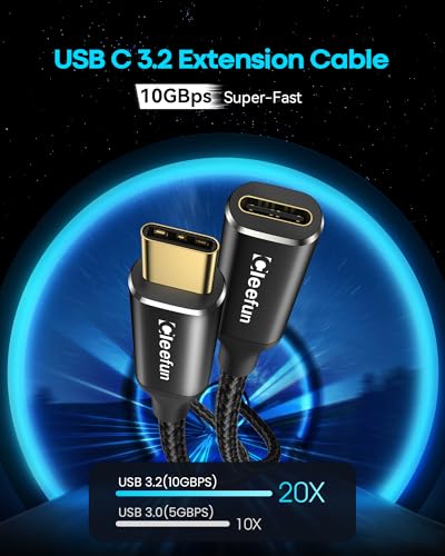 CLEEFUN 10 ft USB C Extension Cable – Unlock 100 W Fast Charging & 5 Gbps Data Transfer with Stunning 4 K Video Sync for Laptops, Tablets, and Phones – Premium Compatibility & Durable Design for Enhanced Connectivity Experience