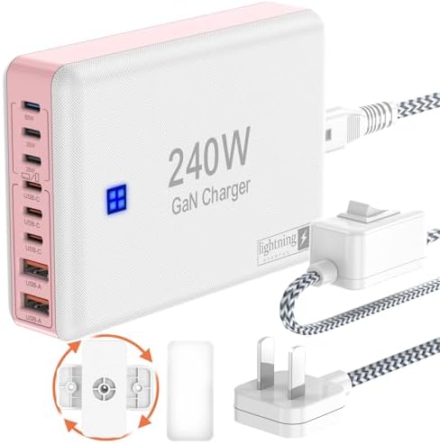 240 W High-Speed 8-Port Charging Station – Multi-Device USB Hub for i Phone, i Pad & Mac Book with 6 USB-C PD Ports, 2 USB-A Ports, 5 ft Braided Cord, On/Off Switch, Flat Plug Design for Travel Convenience and Optimal Space Management – Ultimate Charging Solution for Tech Enthusiasts