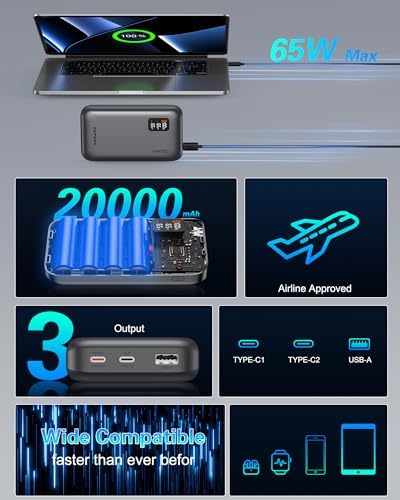 Asper X 20,000 m Ah Power Bank – 65 W USB-C Portable Charger for Fast Device Charging, Compatible with i Phone 16/15/14/13, Mac Book Pro/Air, Dell XPS, Galaxy S24, Steam Deck & More – Ultimate Travel Power Solution for Modern Electronics