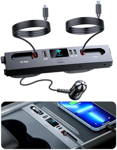 Experience Unmatched Charging Efficiency with the Premium Multi-Port USB Charger for 2021-2024 Tesla Model 3/Y – Sleek Design, Retractable Cable, and Dual Fast Charging Ports – Essential Accessory for Tesla Enthusiasts and Ideal Gifts for Tesla Owners – Elevate Your On-the-Go Connectivity with Enhanced Compatibility for All USB Devices