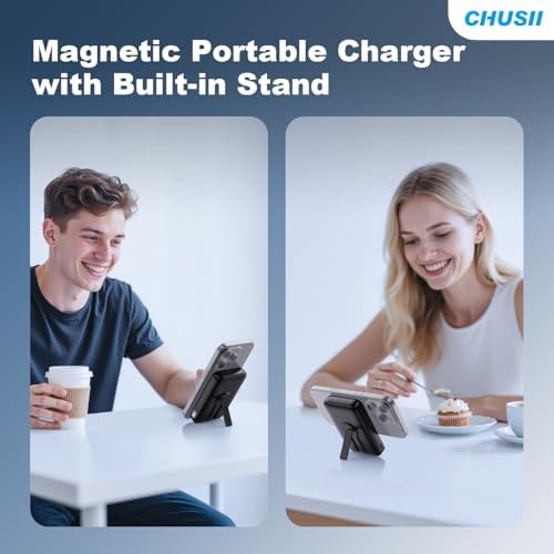 Mag Safe-Compatible 12000 m Ah Wireless Power Bank with Built-in Stand – Rapid PD 20 W Magnetic Charger for i Phone 16/15/14/13/12 Pro Series – Ultimate Travel Companion with Seamless Connectivity and Enhanced Device Usability
