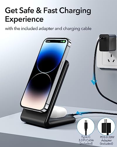 Meifigno Dual Pack Mag Safe-Compatible Fast Wireless Charger Stand with 20 W USB-C Block & 2 USB-C Cables – Premium Charging Solution for i Phone 16 Pro Max, 15, 14, 13, 12 & Air Pods 4/3/Pro – Sleek Design for Efficient Device Powering and Enhanced Compatibility