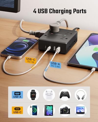 15 Ft Surge Protector Power Strip with 8 Outlets & 4 USB Ports – Wall Mountable Flat Plug Charging Station for Home, Office, and Dorm Room – High-Speed USB-C Compatible Extension Cord for Ultimate Device Connectivity and Safety