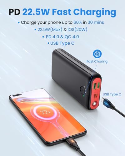 High-Capacity 30000 m Ah Portable Charger Power Bank with 22.5 W USB-C Fast Charging, PD & QC4.0 Compatibility, Triple Output Ports, Dual Input Options, and Built-In Flashlight – Ideal External Battery Pack for i Phone, Samsung Galaxy, i Pad, and More
