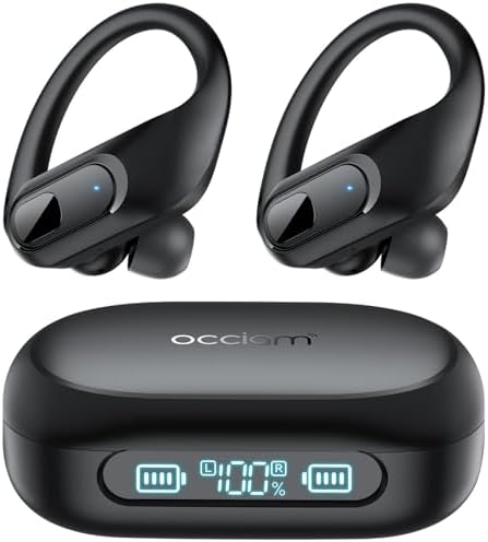 Unleash Your Fitness Potential with occiam Wireless Bluetooth Sport Earbuds – 96-Hour Extended Playtime for Non-Stop Motivation, Waterproof Construction for Ultimate Durability, and Secure Earhooks for a Perfect Fit – Experience Rich Bass Stereo Sound and Integrated Mic for Effortless Hands-Free Calling – Ideal for Gym Goers, Runners, and High-Intensity Training Enthusiasts – Sleek Black Design with Broad Compatibility for All Devices