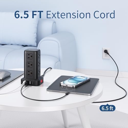 Ultimate Surge Protector Power Strip Tower with 10 FT Cord and 4 USB Ports (1 USB C) – 12 AC Outlets for Home Office and Dorm Room – Space-Saving Design with Enhanced Protection for Your Electronics and Fast Charging Solutions